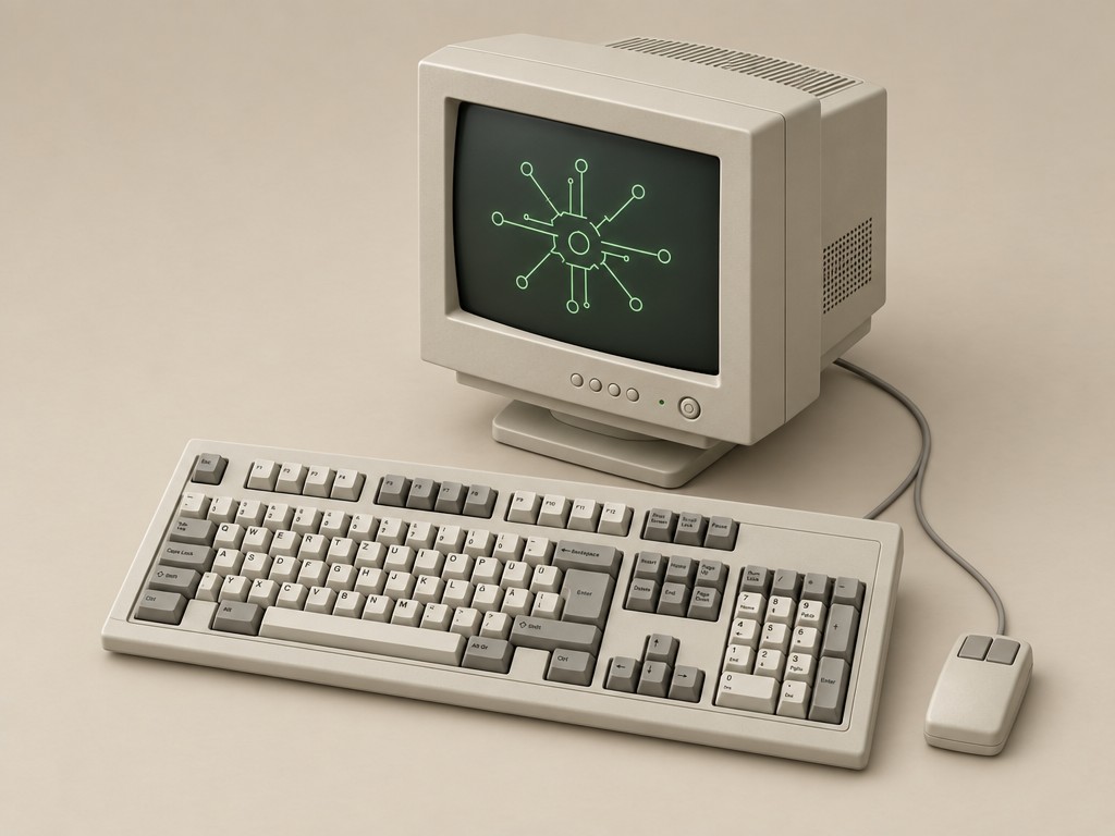Beiger Röhrenmonitor mit Tastatur und Maus